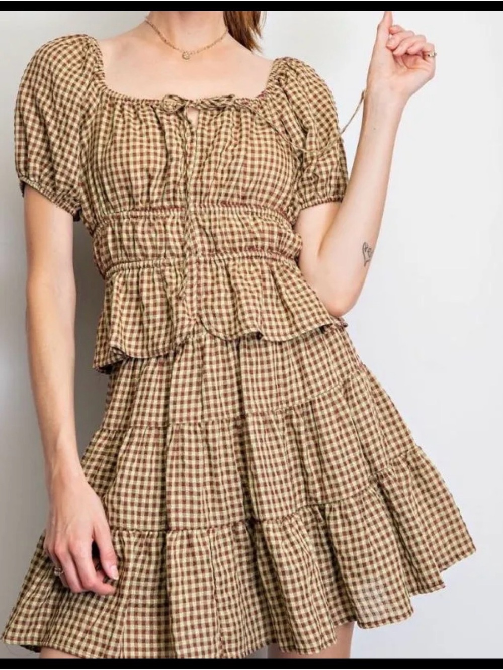 Gingham Tiered Puff-Sleeve Top Matching Skirt in Olive/Brown